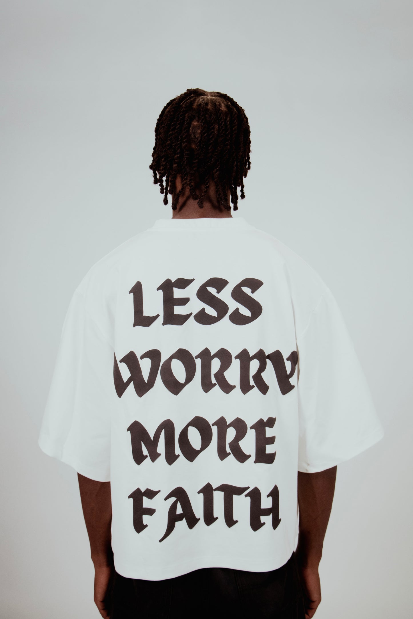 LESS WORRY MORE FAITH 3/4 OVERSIZED WHITE T-SHIRT