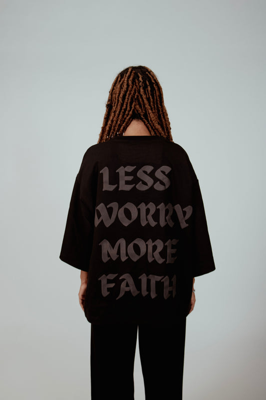 LESS WORRY MORE FAITH 3/4 OVERSIZED BLACK T-SHIRT